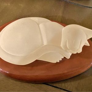 Sleeping Cat Figure in Resin on Wooden base Signed